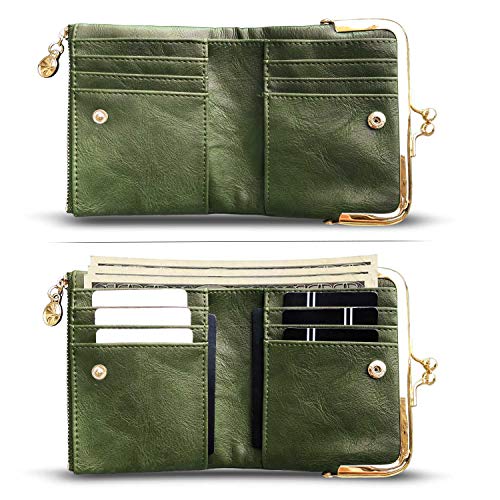 AOXONEL Womens Wallet Small Rfid Ladies Compact Bifold Leather Vintage Coin Purse With Zipper and Kiss Lock (Green)