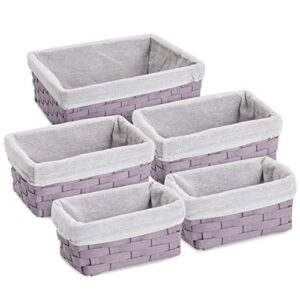 5 piece set woven nesting storage baskets, decorative wicker bins for organizing, lavender (3 sizes)