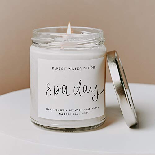 Sweet Water Decor Spa Day Candle | Sea Salt, Jasmine, and Wood Relaxing Scented Soy Wax Candle for Home | 9oz Clear Jar, 40 Hour Burn Time, Made in the USA