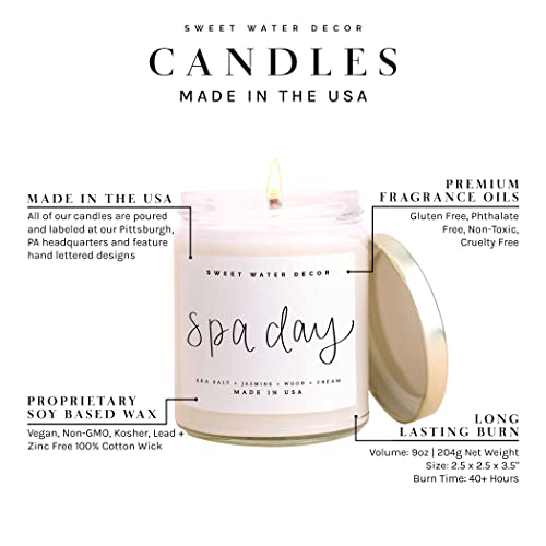 Sweet Water Decor Spa Day Candle | Sea Salt, Jasmine, and Wood Relaxing Scented Soy Wax Candle for Home | 9oz Clear Jar, 40 Hour Burn Time, Made in the USA