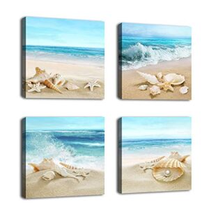 beach waves wall art ocean decor sands seashell starfish nature pictures blue canvas artwork turquoise wall art for bathroom bedroom living room office kitchen wall decor 12″ x 12″ x 4 pieces