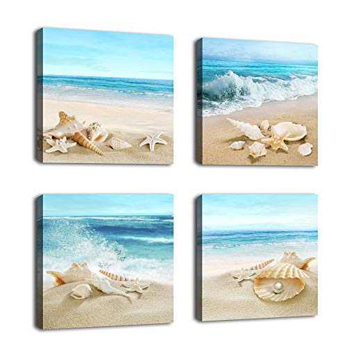 Beach Waves Wall Art Ocean Decor Sands Seashell Starfish Nature Pictures Blue Canvas Artwork Turquoise Wall Art for Bathroom Bedroom Living Room Office Kitchen Wall Decor 12" x 12" x 4 Pieces