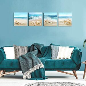 Beach Waves Wall Art Ocean Decor Sands Seashell Starfish Nature Pictures Blue Canvas Artwork Turquoise Wall Art for Bathroom Bedroom Living Room Office Kitchen Wall Decor 12" x 12" x 4 Pieces