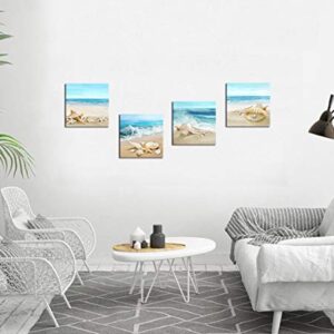 Beach Waves Wall Art Ocean Decor Sands Seashell Starfish Nature Pictures Blue Canvas Artwork Turquoise Wall Art for Bathroom Bedroom Living Room Office Kitchen Wall Decor 12" x 12" x 4 Pieces