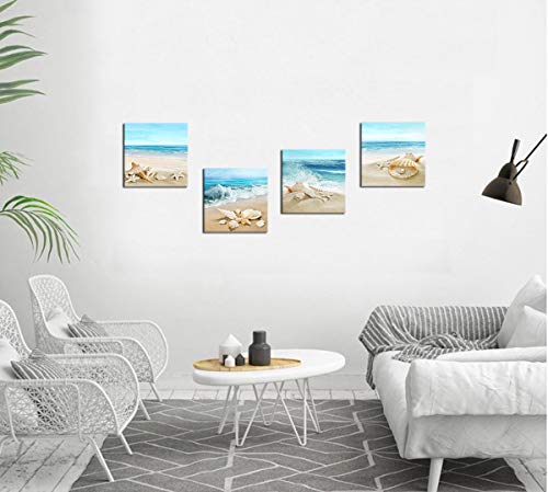 Beach Waves Wall Art Ocean Decor Sands Seashell Starfish Nature Pictures Blue Canvas Artwork Turquoise Wall Art for Bathroom Bedroom Living Room Office Kitchen Wall Decor 12" x 12" x 4 Pieces