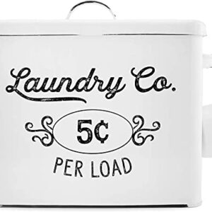 AuldHome Farmhouse Laundry Powder Container, White Enamelware Detergent Bin with Scoop