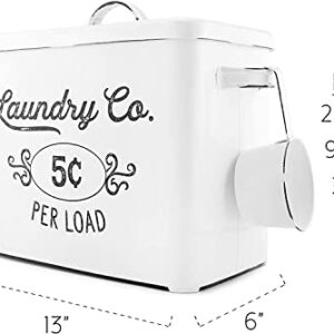 AuldHome Farmhouse Laundry Powder Container, White Enamelware Detergent Bin with Scoop