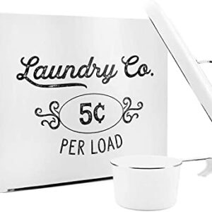 AuldHome Farmhouse Laundry Powder Container, White Enamelware Detergent Bin with Scoop