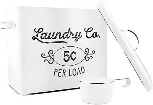 AuldHome Farmhouse Laundry Powder Container, White Enamelware Detergent Bin with Scoop