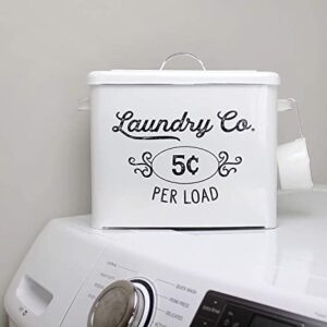 AuldHome Farmhouse Laundry Powder Container, White Enamelware Detergent Bin with Scoop