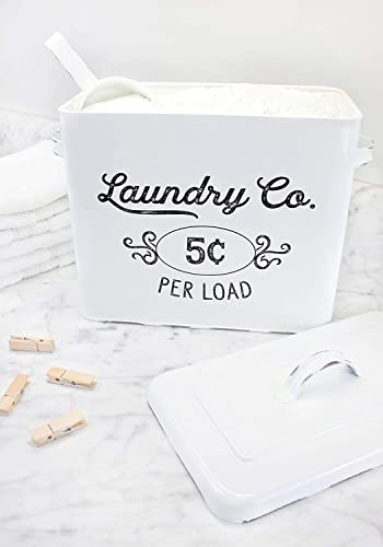 AuldHome Farmhouse Laundry Powder Container, White Enamelware Detergent Bin with Scoop