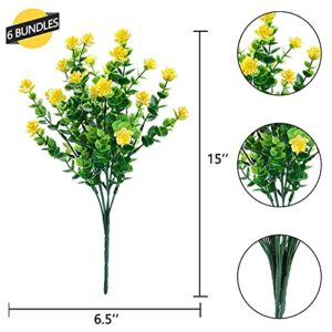 GREENRAIN 6 Bundles Artificial Flowers Outdoor Fake Flowers for Decoration UV Resistant No Fade Faux Plastic Plants Garden Porch Window Box Décor (Yellow)