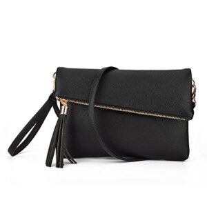 jiaruo small girls tassel fold cover sling leather women crossbody bag handbag purse (black)
