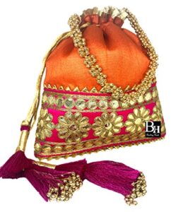 bombay haat ethnic indian designer silk potli bag purse evening bag clutch purse for wedding party cocktail prom gifting (orange)