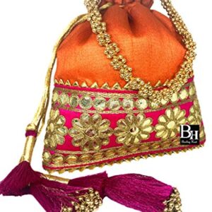 Bombay Haat Ethnic Indian Designer Silk Potli Bag Purse Evening Bag Clutch Purse for Wedding Party Cocktail Prom Gifting (Orange)