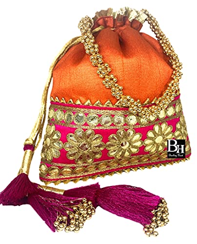 Bombay Haat Ethnic Indian Designer Silk Potli Bag Purse Evening Bag Clutch Purse for Wedding Party Cocktail Prom Gifting (Orange)