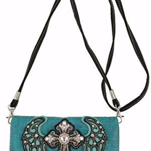 Western Rhinestone Cross Laser Cut Wings Tote Concealed Carry Purse Handbag Women Shoulder Bag Wallet Set (Turquoise Set)