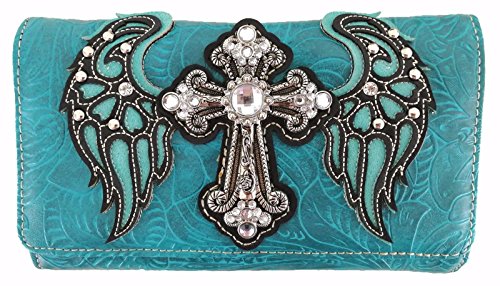 Western Rhinestone Cross Laser Cut Wings Tote Concealed Carry Purse Handbag Women Shoulder Bag Wallet Set (Turquoise Set)