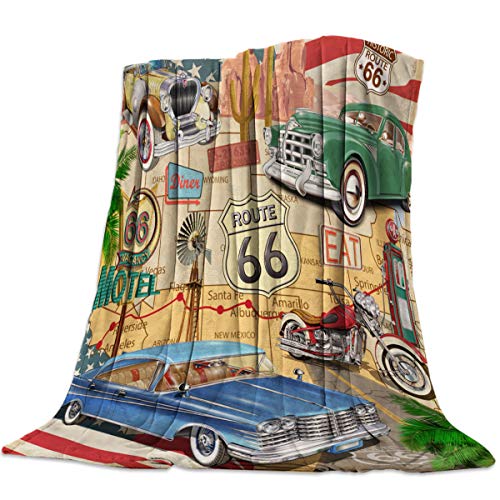 Singingin Ultra Soft Flannel Fleece Bed Blanket Retro Car Motel Route 66 Throw Blanket All Season Warm Fuzzy Light Weight Cozy Plush Blankets for Living Room/Bedroom