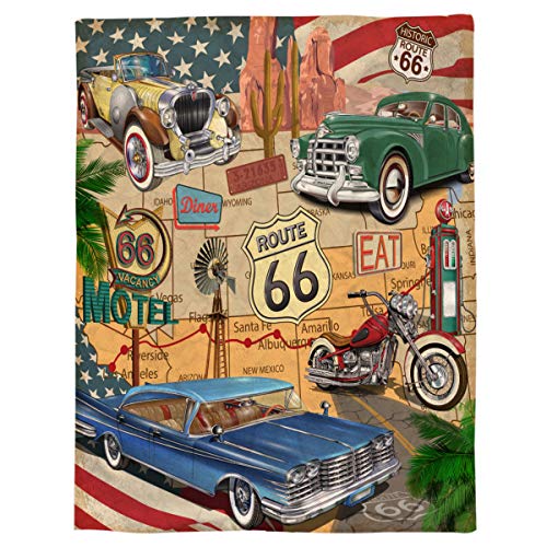 Singingin Ultra Soft Flannel Fleece Bed Blanket Retro Car Motel Route 66 Throw Blanket All Season Warm Fuzzy Light Weight Cozy Plush Blankets for Living Room/Bedroom