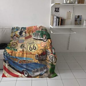 Singingin Ultra Soft Flannel Fleece Bed Blanket Retro Car Motel Route 66 Throw Blanket All Season Warm Fuzzy Light Weight Cozy Plush Blankets for Living Room/Bedroom