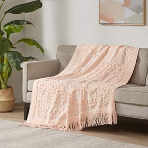 madison park 100% cotton tufted chenille design with fringe tassel luxury elegant chic lightweight, breathable cover, luxe cottage room décor summer blanket, 50″ x 60″, blush