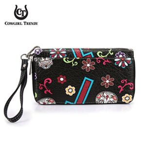 Sugar Skull Western Cross Clutch Wallet Day of the Dead Wristlet Purse Calavera (Black)