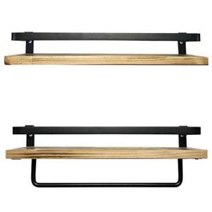 MY RUSTIC Floating Shelves for Wall Mounted with Rails Decorative Storage Shelves for Kitchen, Bathroom, Matte Black Metal Frame - Set of 2