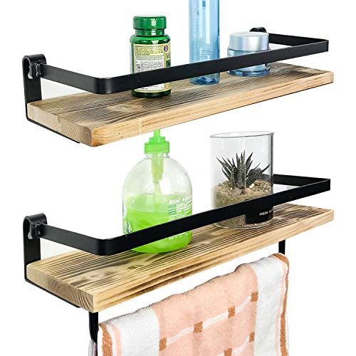 MY RUSTIC Floating Shelves for Wall Mounted with Rails Decorative Storage Shelves for Kitchen, Bathroom, Matte Black Metal Frame - Set of 2