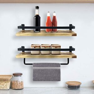 MY RUSTIC Floating Shelves for Wall Mounted with Rails Decorative Storage Shelves for Kitchen, Bathroom, Matte Black Metal Frame - Set of 2