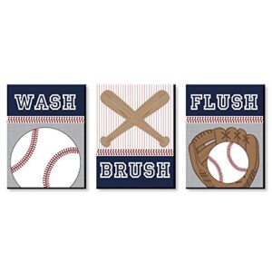 big dot of happiness batter up – baseball – kids bathroom rules wall art – 7.5 x 10 inches – set of 3 signs – wash, brush, flush