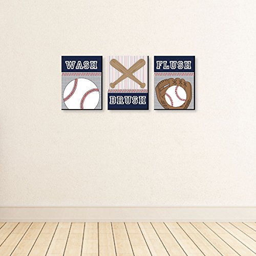 Big Dot of Happiness Batter Up - Baseball - Kids Bathroom Rules Wall Art - 7.5 x 10 inches - Set of 3 Signs - Wash, Brush, Flush