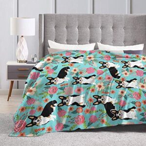 Corgi Cute Black and Tan Welsh Cardigan Corgi with Florals Flowers Super Soft Microfiber Fleece Throw Blanket Full Body Warm & Comfortable