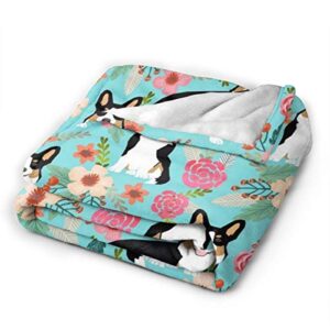 Corgi Cute Black and Tan Welsh Cardigan Corgi with Florals Flowers Super Soft Microfiber Fleece Throw Blanket Full Body Warm & Comfortable