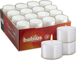bolsius 48 unscented tea lights in clear cups – 8 burn hours – premium european quality – consistent smokeless flame – 100% cotton wick – dinner, wedding, party, spa, church, & home décor tealights