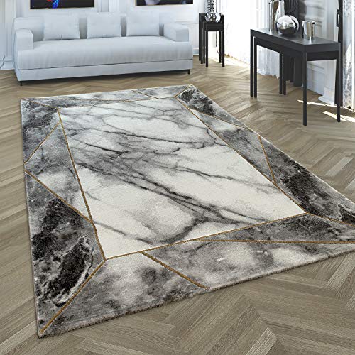 Living Room Rug Grey Gold 3-D Border Marble Pattern Robust, Size:5'3" x 7'7"