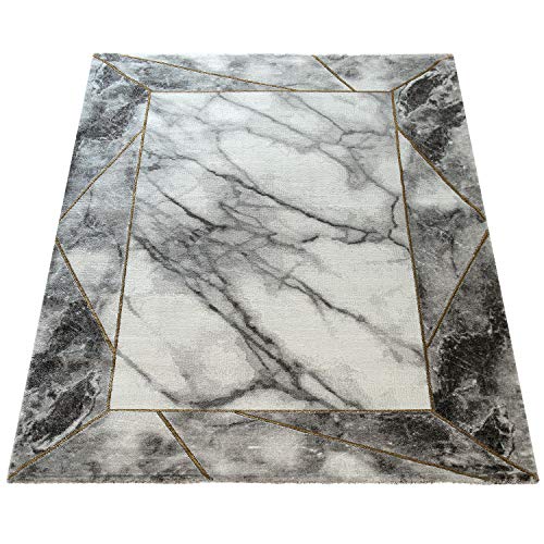 Living Room Rug Grey Gold 3-D Border Marble Pattern Robust, Size:5'3" x 7'7"