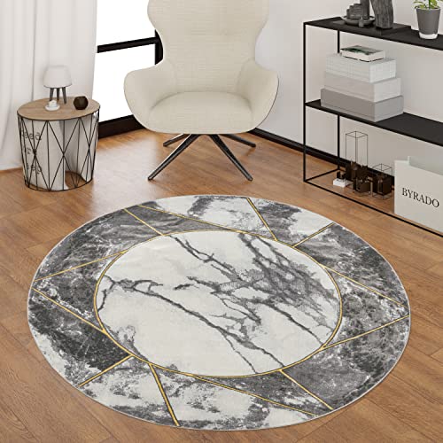 Living Room Rug Grey Gold 3-D Border Marble Pattern Robust, Size:5'3" x 7'7"