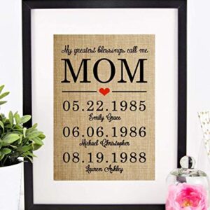 Personalized Christmas Gifts for Mom, Mother Daughter Gifts, Birthday, Anniversary: My Greatest Blessings Call Me MOM, Burlap Print -"MOM" CAN BE CHANGED TO ANY NAME! (UP TO 20 NAMES & DATES!)