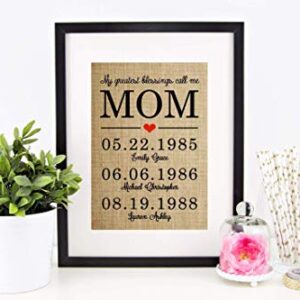 Personalized Christmas Gifts for Mom, Mother Daughter Gifts, Birthday, Anniversary: My Greatest Blessings Call Me MOM, Burlap Print -"MOM" CAN BE CHANGED TO ANY NAME! (UP TO 20 NAMES & DATES!)