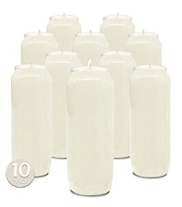 9 day white prayer candles, 10 pack – 7″ tall pillar candles for religious, memorial, party decor, vigil and emergency use – vegetable oil wax in plastic jar container – by hyoola