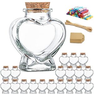 folinstall 20 pieces heart shaped small glass jars with cork lids, glass favor jars for wedding decoration, diy, home, party favors, extra coloured paper scrolls and personalized tag strings included