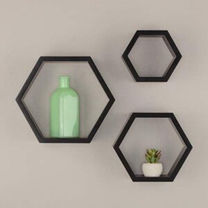 gallery solutions black hexagallery geometric decorative wall mounted floating shelves, set of 3
