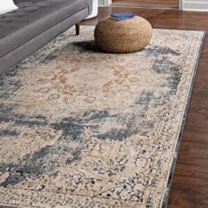 Unique Loom Chateau Collection Vintage, Distressed, Medallion, Rustic, Traditional Area Rug, 8' 0" x 10' 0", Beige/Navy Blue
