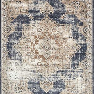 Unique Loom Chateau Collection Vintage, Distressed, Medallion, Rustic, Traditional Area Rug, 8' 0" x 10' 0", Beige/Navy Blue