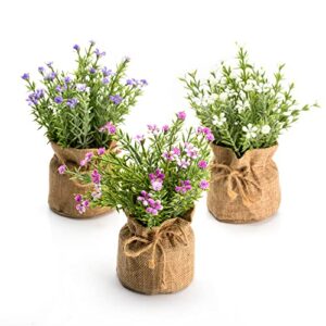 velener babys breath artificial flowers in small burlap bag vases 3pcs -gypsophila faux flowers farmhouse home coffee table bookshelf office desk decorations kitchen dining room fake plants indoor