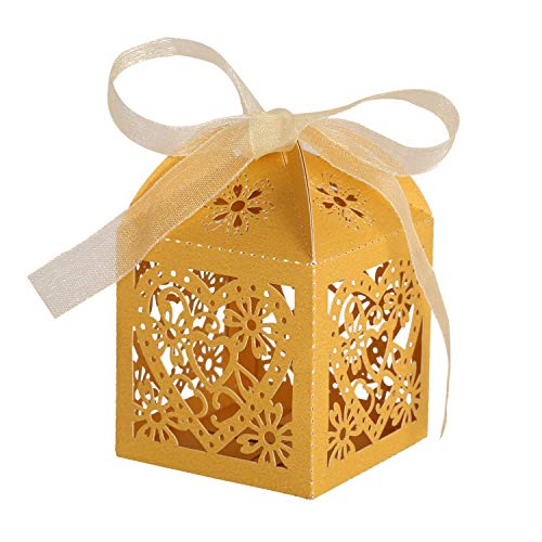 KPOSIYA 100 Pack Love Heart Laser Cut Wedding Party Favor Box Candy Bag Chocolate Gift Boxes Bridal Birthday Shower Bomboniere with Ribbons