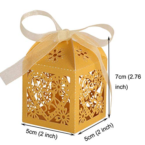 KPOSIYA 100 Pack Love Heart Laser Cut Wedding Party Favor Box Candy Bag Chocolate Gift Boxes Bridal Birthday Shower Bomboniere with Ribbons