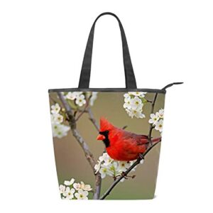 Women's Canvas Zipper Closure Handbag Red Cardinal Bird Tote Bag with Large Capacity