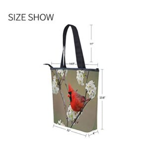 Women's Canvas Zipper Closure Handbag Red Cardinal Bird Tote Bag with Large Capacity